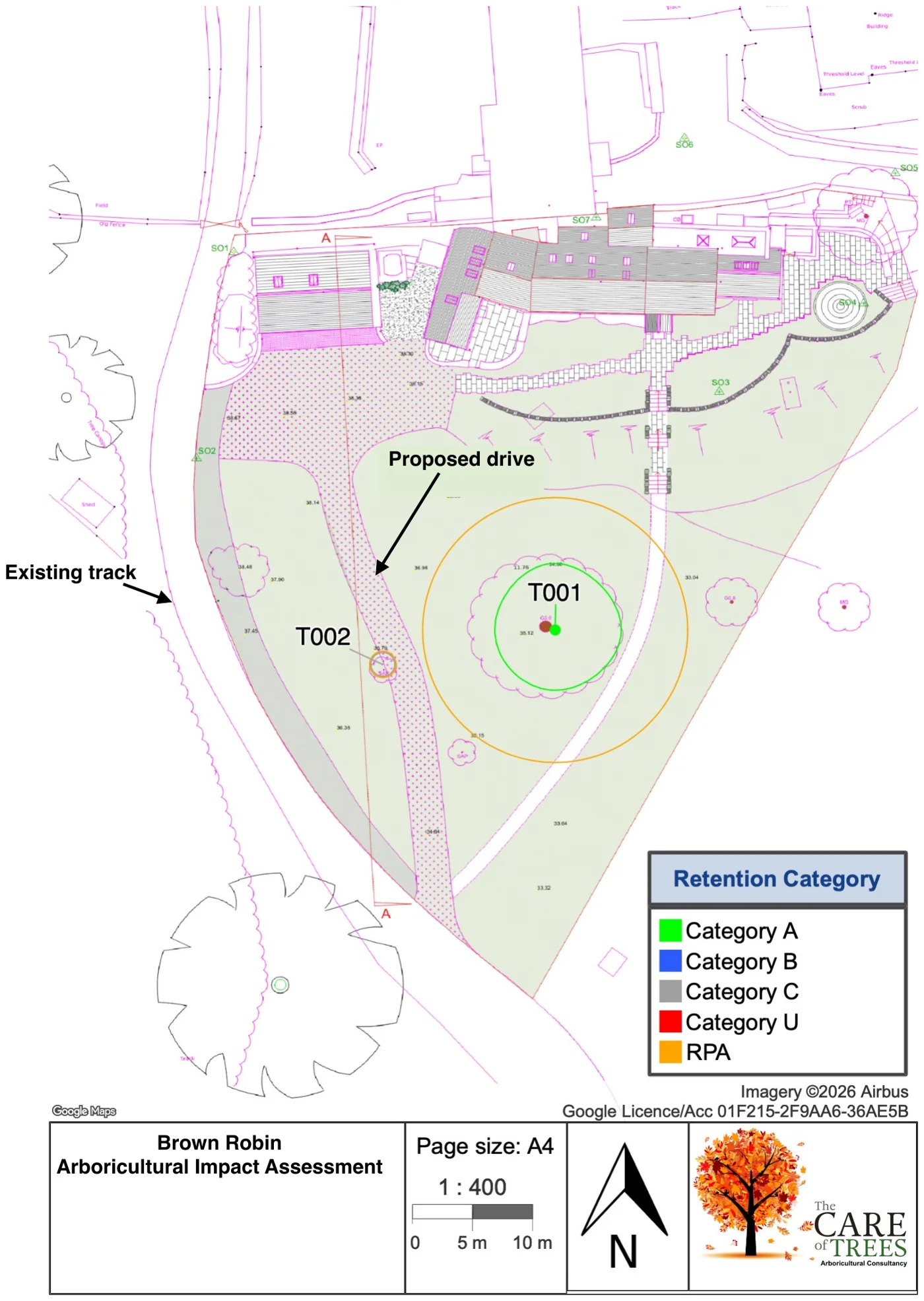 Arboricultural impact assessment plan showing a proposed driveway running past a mature yew, with the yew's root protection area shown as an orange circle clear of the drive