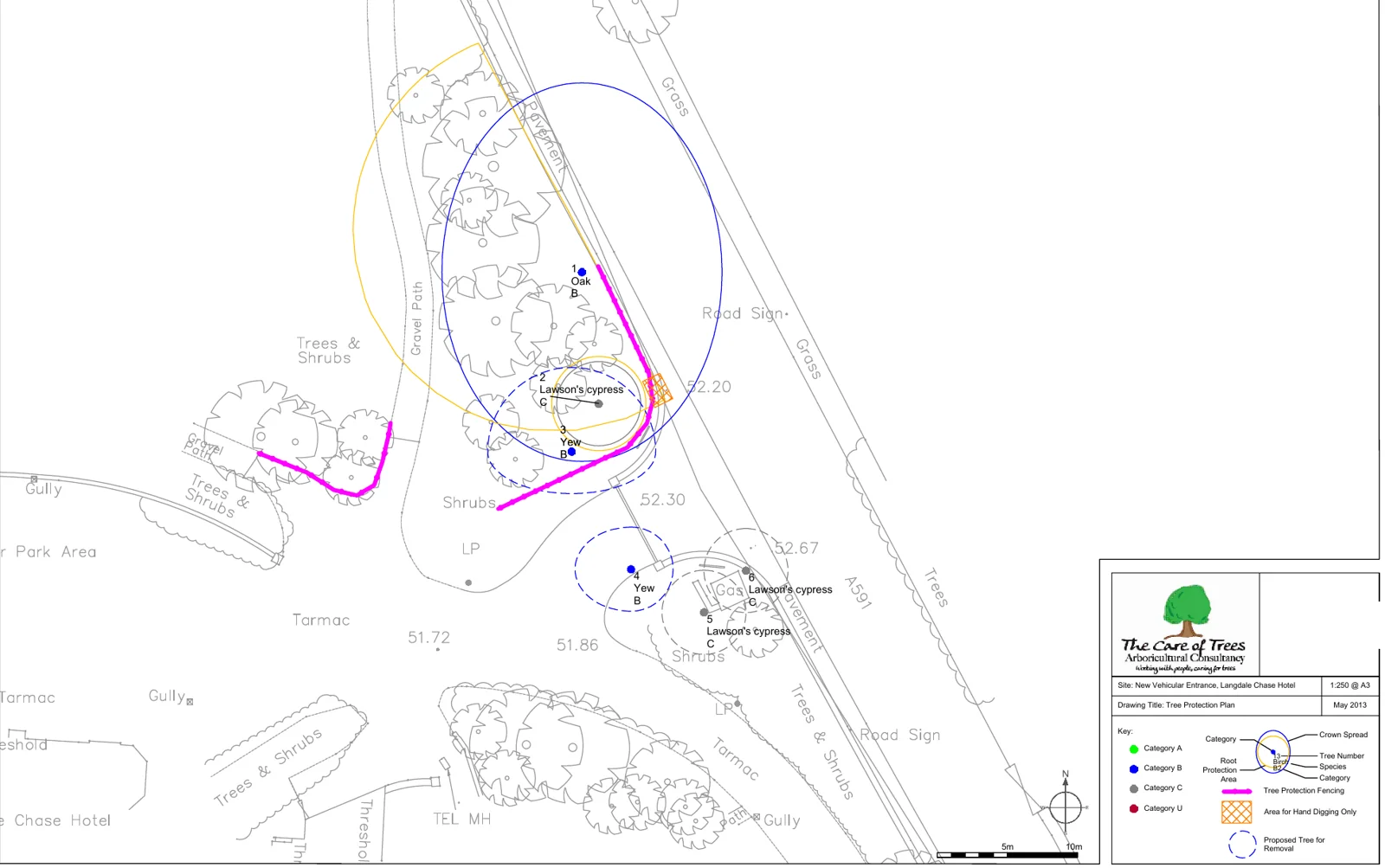 Tree protection plan for the new vehicular entrance at Langdale Chase Hotel, showing trees to keep with their root protection areas, protective fencing and trees proposed for removal